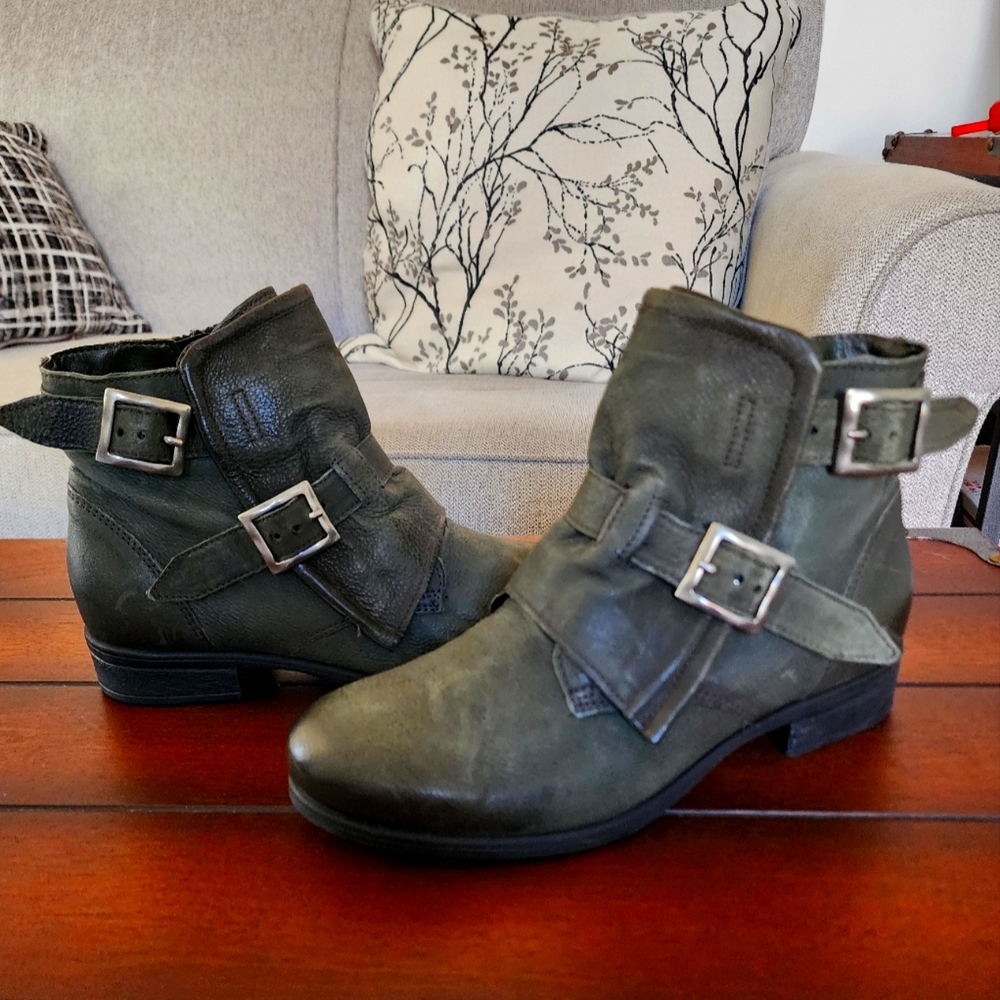Miz Mooz Leather Double Buckled Ankle Boots, black,darkgreen Size 8 (39EU)